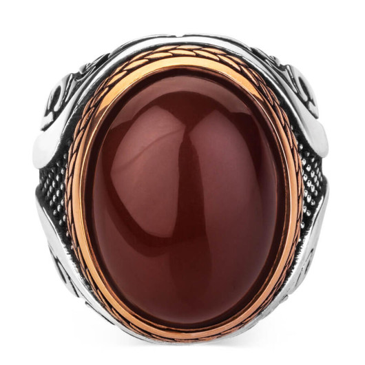 Men's Silver Ring With Dark Red Agate Stone