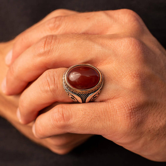 Men's Silver Ring With Dark Red Agate Stone