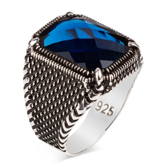 Blue Zircon Stone Silver Men's Ring