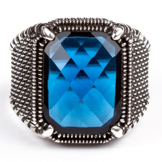 Blue Zircon Stone Silver Men's Ring