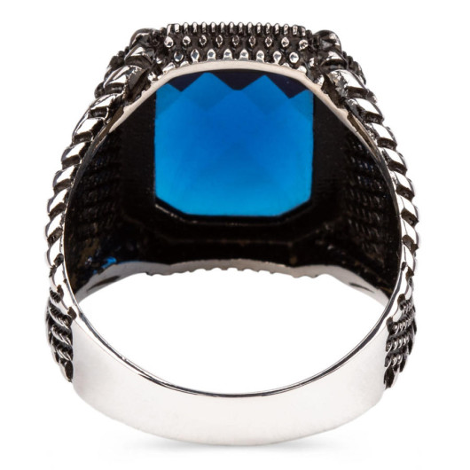 Blue Zircon Stone Silver Men's Ring