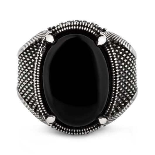 Dot Patterned Oval Design Silver Men's Ring With Black Onyx Stone