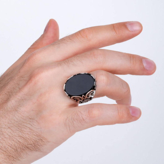 Ottoman Arma Patterned Onyx Stone Men's Ring