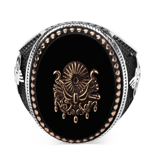 Ottoman Arma Black Onyx Stone Inlaid Silver Men's Ring