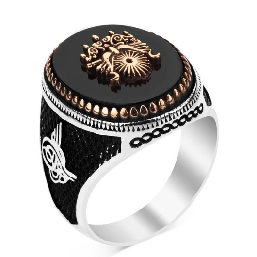 Ottoman Arma Black Onyx Stone Inlaid Silver Men's Ring