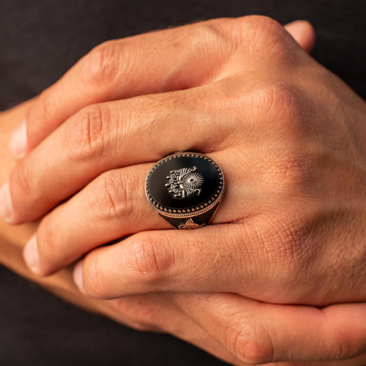 Ottoman Arma Black Onyx Stone Inlaid Silver Men's Ring