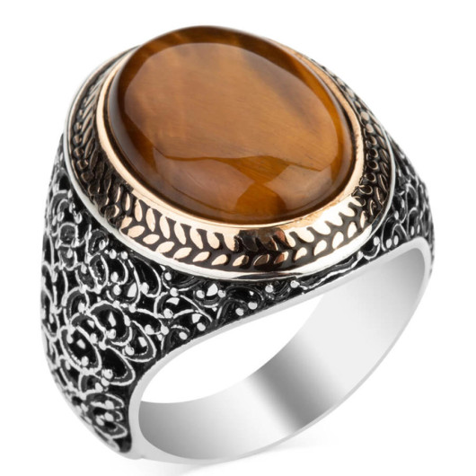 Oval Brown Tiger Eye Stone Symmetrical Pattern Sterling Silver Men's Ring