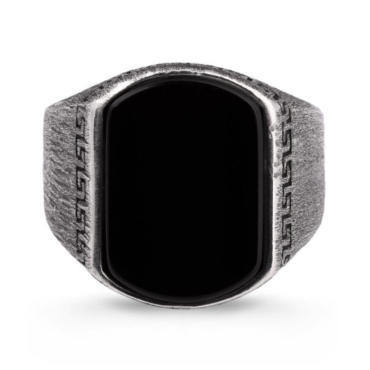 Simple Model Black Onyx Stone Tumbled Silver Men's Ring