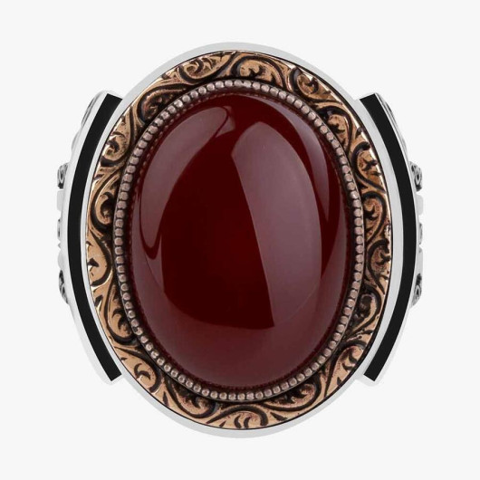 Shah Design Brown Agate Stone Sterling Silver Men's Ring