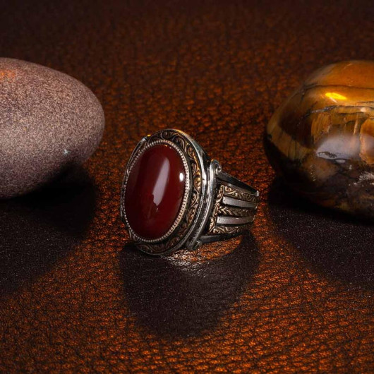 Shah Design Brown Agate Stone Sterling Silver Men's Ring