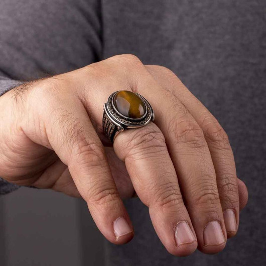 Shah Design Tiger Eye Stone Sterling Silver Men's Ring