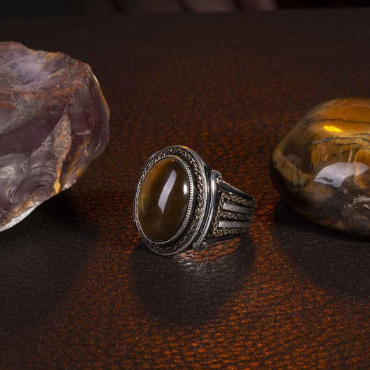 Shah Design Tiger Eye Stone Sterling Silver Men's Ring