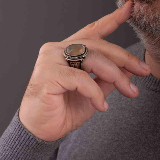 Shah Design Yemen Agate Stone Sterling Silver Men's Ring