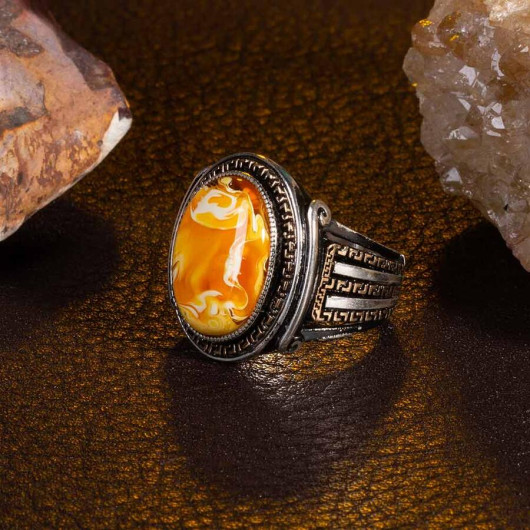 Symmetrical Patterned Yellow Zircon Stone Sterling Silver Men's Ring