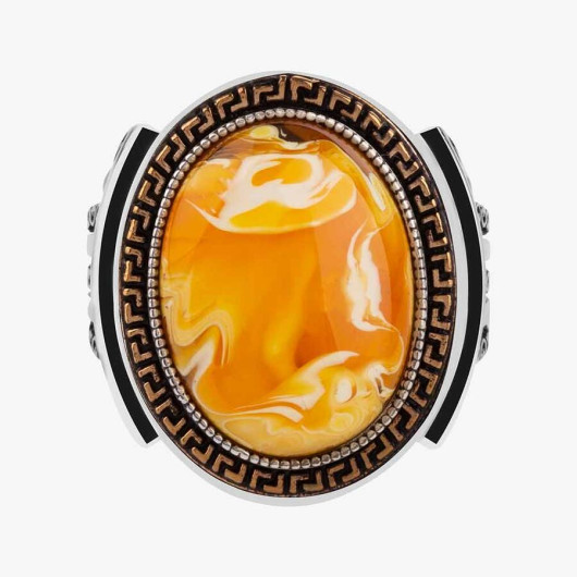 Symmetrical Patterned Yellow Zircon Stone Sterling Silver Men's Ring