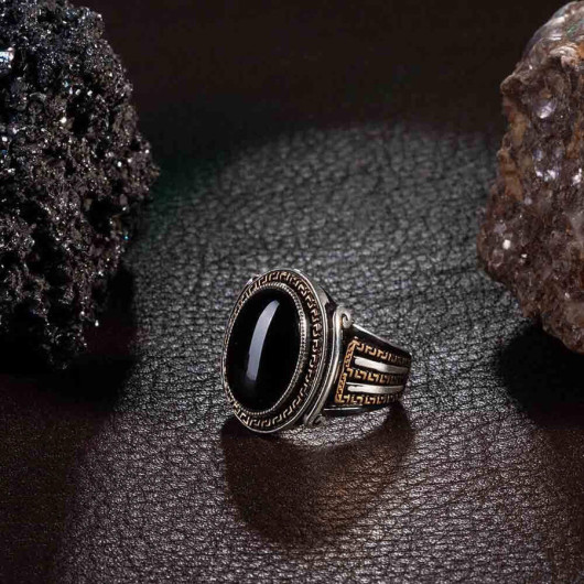 Symmetrical Patterned Black Onyx Stone Sterling Silver Men's Ring