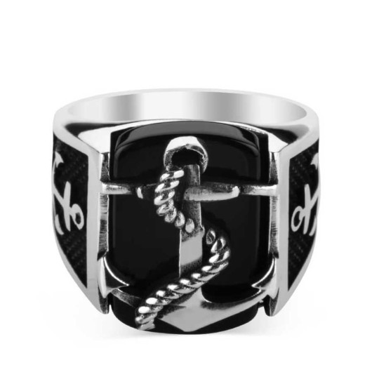 Anchor Figured Silver Men's Ring On Black Stone