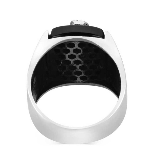 Anchor Figured Silver Men's Ring On Black Stone