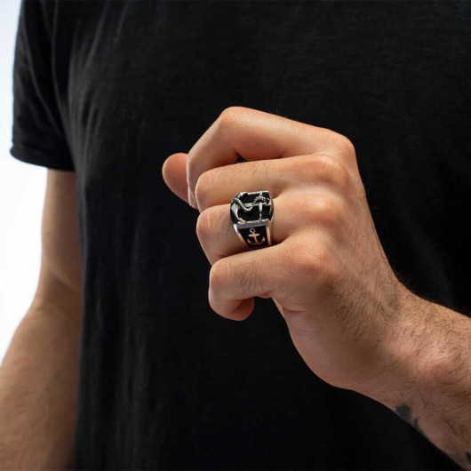 Anchor Figured Silver Men's Ring On Black Stone