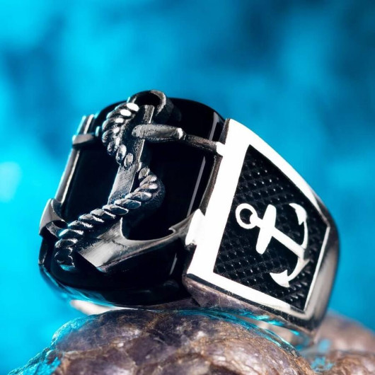 Anchor Figured Silver Men's Ring On Black Stone