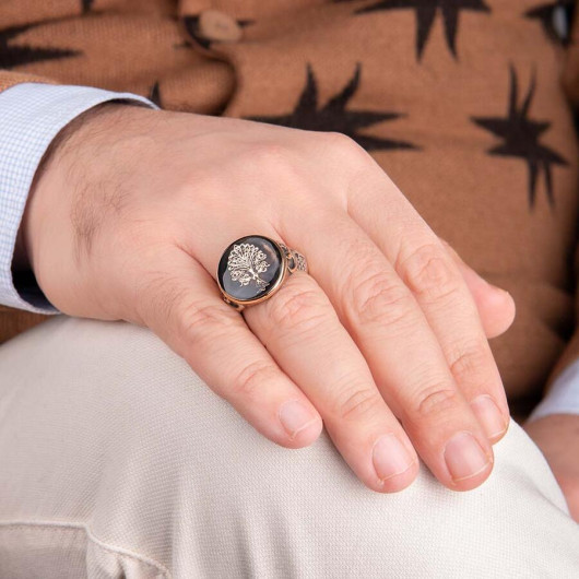 Three Crescent Motif Enamel Tree Of Life Sterling Silver Men's Ring