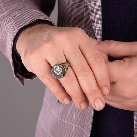 Three Crescent Motif Enamel Tree Of Life Sterling Silver Men's Ring