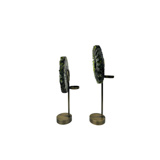 Set Of 2 Candlestick Fusion Glass Green Discs