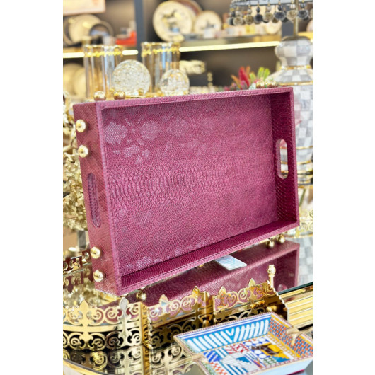 Burgundy Leather Tray With Decorative Gold Detail