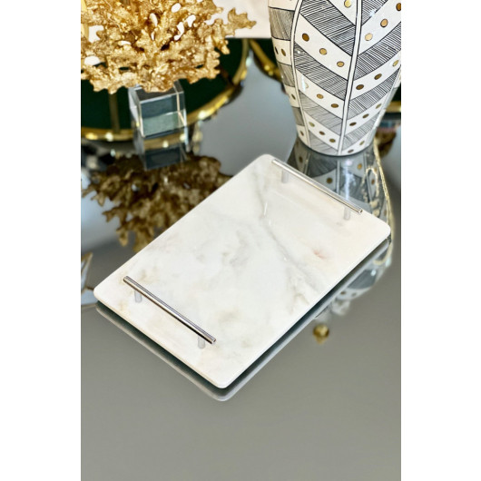 Natural Marble Rectangle Silver Metal Handle Tray