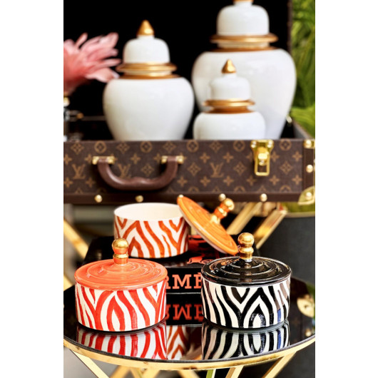 Ceramic Zebra Pattern Orange Sugar Bowl / Turkish Delight Holder