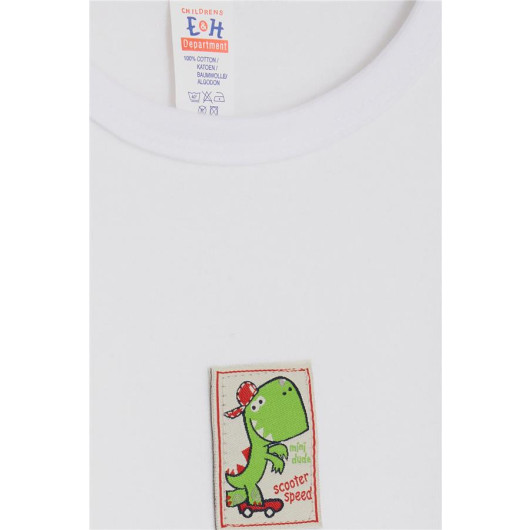 Baby Boy Snap Zipper Body Skateboarder Dinosaur Printed Off White (9 Months-3 Years)