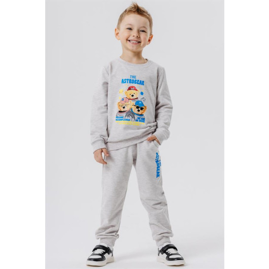 Boys Tracksuit Set Astronaut Bears Printed Beige Melange (2-6 Years)