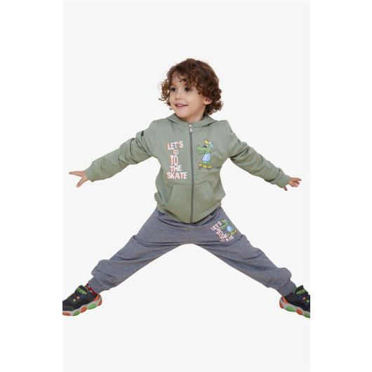 Boy's Tracksuit Set Zippered Skater Crocodile Printed Khaki Green (Age 1.5-5)