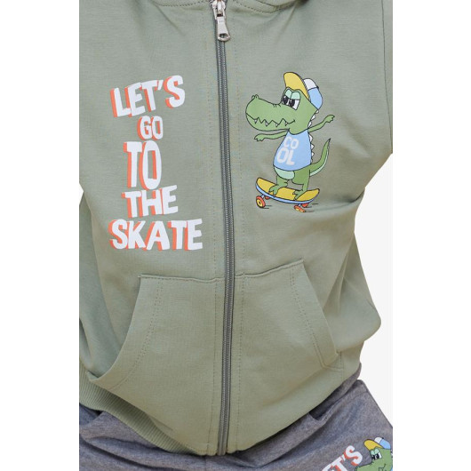 Boy's Tracksuit Set Zippered Skater Crocodile Printed Khaki Green (Age 1.5-5)