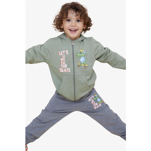 Boy's Tracksuit Set Zippered Skater Crocodile Printed Khaki Green (Age 1.5-5)