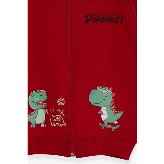 Boy Cardigan Skateboard Dinosaur Printed Red (1-4 Years)