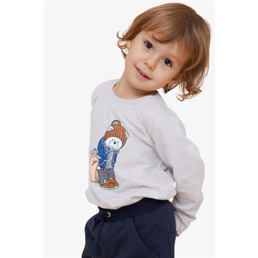 Boy Long Sleeve T-Shirt Teddy Bear Printed Beige Melange (1.5-5 Years)