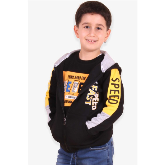 Boy Cardigan Printed Hooded Black (4-8 Years)