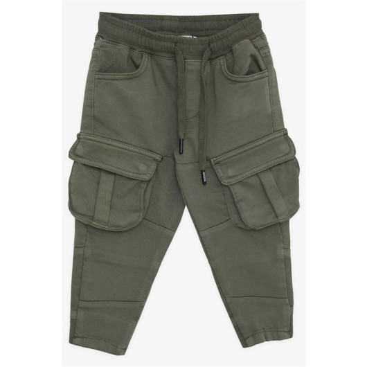 Boy's Trousers With Cargo Pockets, Elastic Waist, Khaki Green (Ages 3-7)