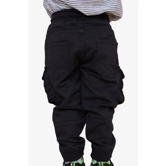 Boy's Trousers With Cargo Pockets And Elastic Waist Black (Ages 3-7)