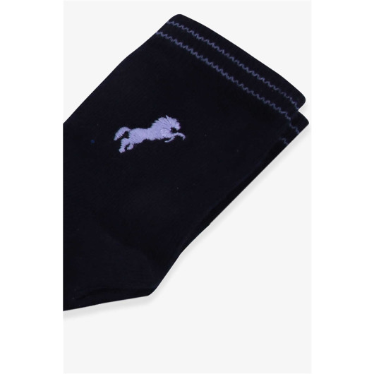 Boys Socks With Horse Embroidery Navy Blue (1-14 Age)