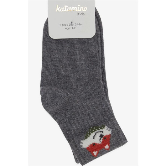 Boy's Socks Teddy Bear Printed Dark Gray Melange (1-2-7-8 Years)