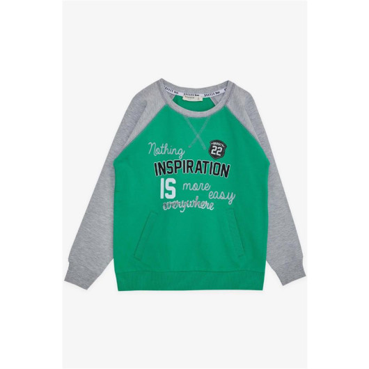 Boy's Sweatshirt Text Printed Pocket Green (Age 5-10)