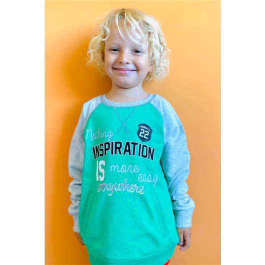 Boy's Sweatshirt Text Printed Pocket Green (Age 5-10)