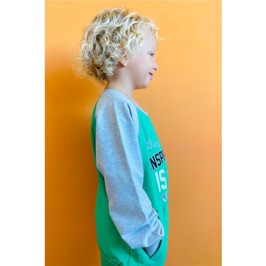 Boy's Sweatshirt Text Printed Pocket Green (Age 5-10)