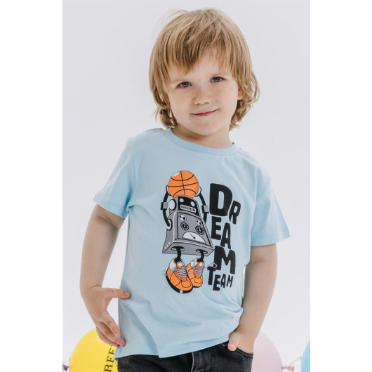 Boys T-Shirt Dream Team Themed Basketball Robot Printed Light Blue (4-8 Years)