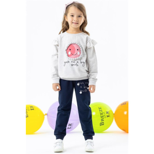 Girl's Tracksuit Set With Pompom Printed Beige Melange (1.5-5 Years)