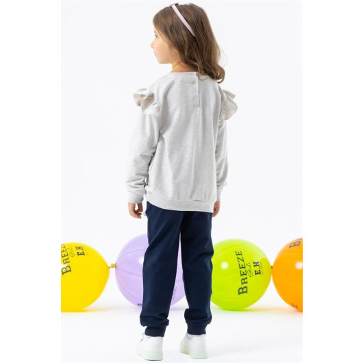 Girl's Tracksuit Set With Pompom Printed Beige Melange (1.5-5 Years)