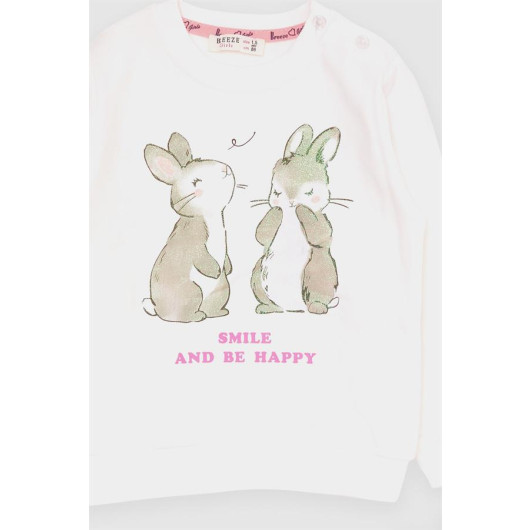 Girl's Tracksuit Set Glittery Bunny Printed Ecru (1.5-4 Years)