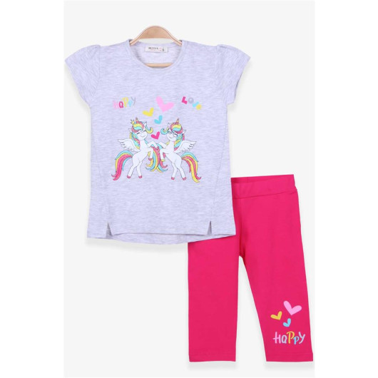 Girl's Capri Tights Set Unicorn Printed Light Gray Melange (1.5-4 Years)